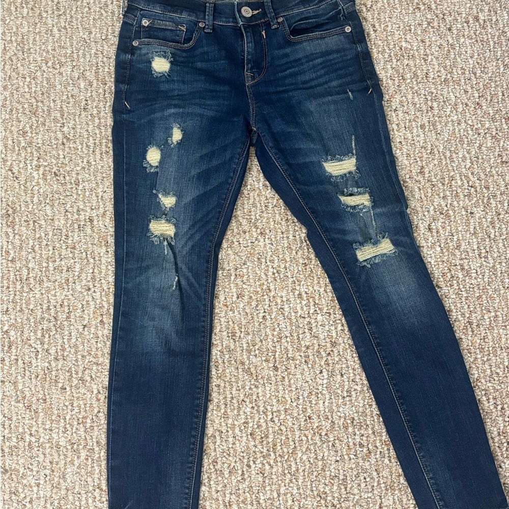 Express Blue Skinny Jeans with Distressed Details